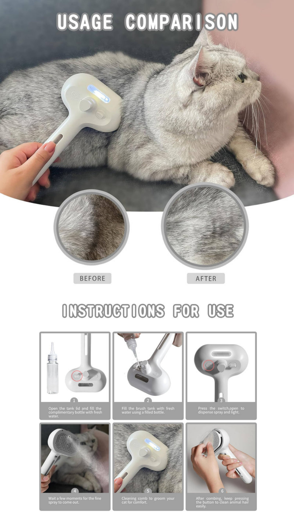 SnoutSavvy™ Hydro-Mist Spa Brush | 3-in-1 Anti-Static Shedding & Massage Tool