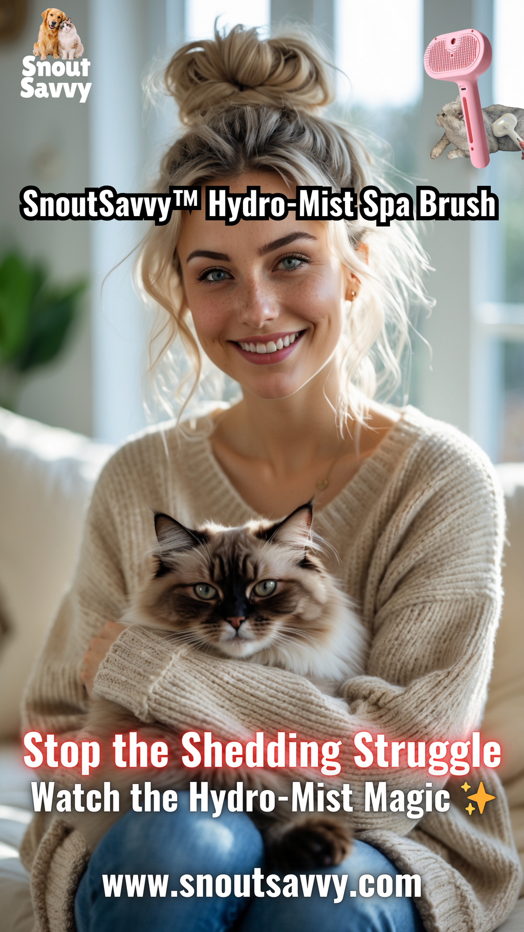 SnoutSavvy™ Hydro-Mist Spa Brush | 3-in-1 Anti-Static Shedding & Massage Tool