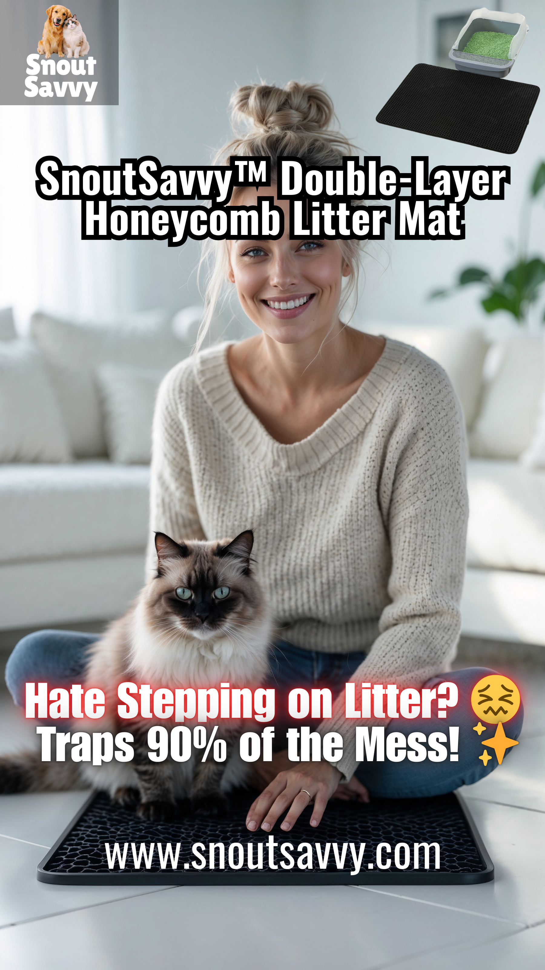 SnoutSavvy™ Double-Layer Honeycomb Litter Mat | Waterproof, Urine-Proof & Traps 90% of Litter